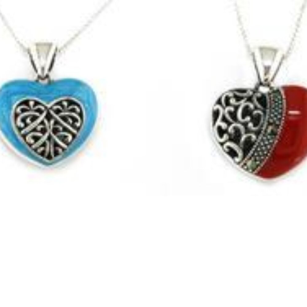 Sterling Silver Carnelian Marcasite Reversible Heart Pendant/Chain